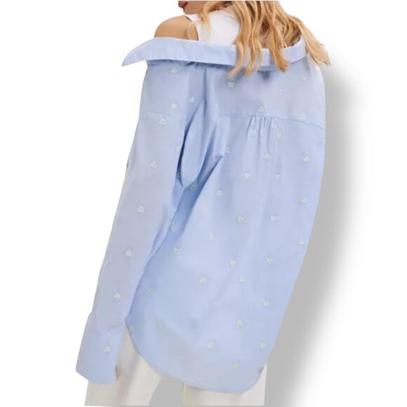 Maje Off-Shoulder Heart Pattern Pop Over  Poplin Blouse Women's S Blue White - Picture 2 of 11